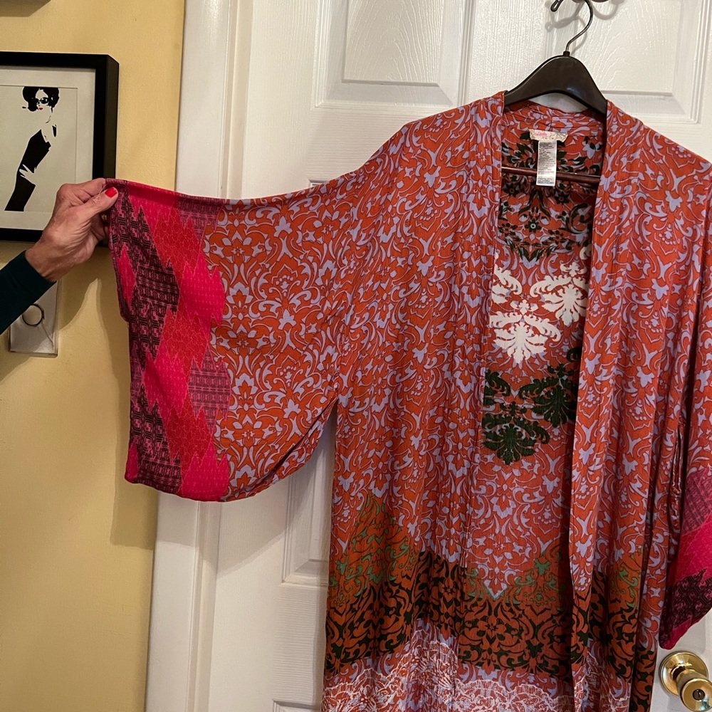 Free People kimono, full length in colorful bohemian print.